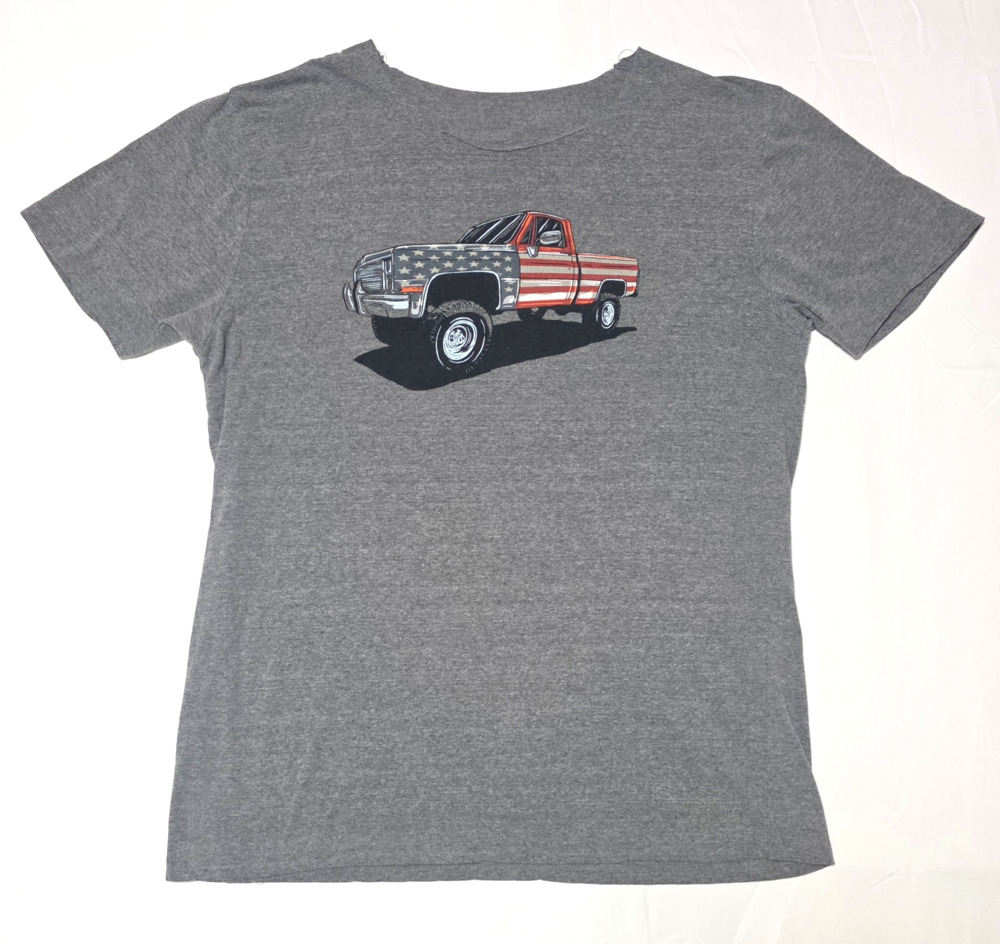 Patriotic USA Flag Lifted Chevy Truck Graphic T-Shirt Gray Size Large